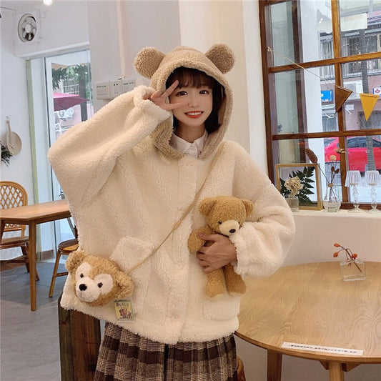 Cute Bear Ear Coat For Lamb Wool Winter Cardigan Top