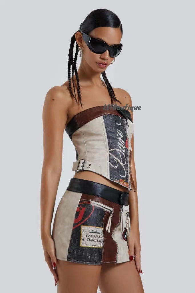 Stitching Racing PU Corset Mini Skirt