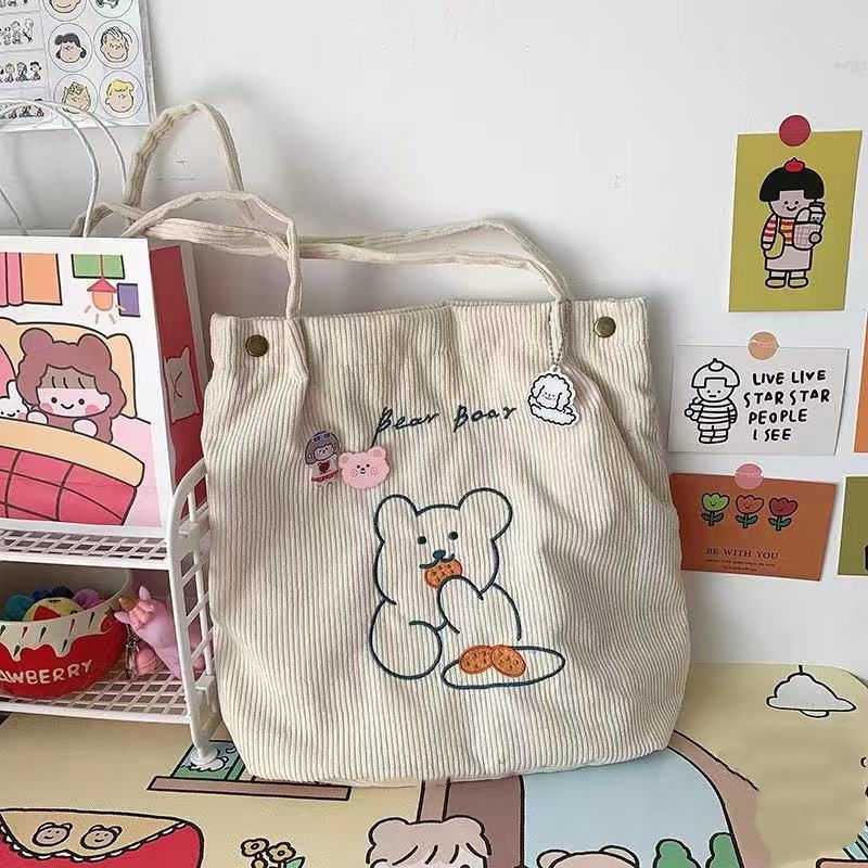 Cute Bear Canvas Bag Corduroy Tote Bag