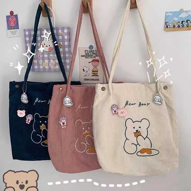 Cute Bear Canvas Bag Corduroy Tote Bag