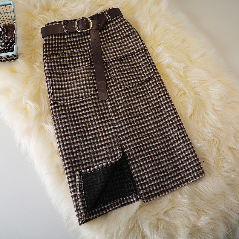 Woolen Plaid Sheath Skirt