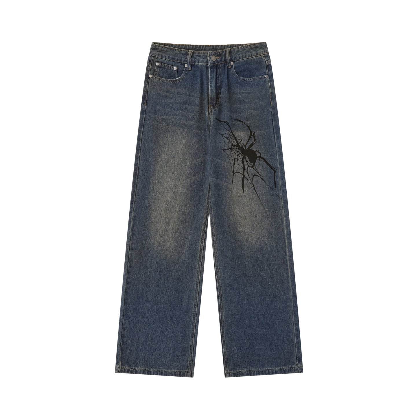 Spider Printed Washed Wide Leg Jeans