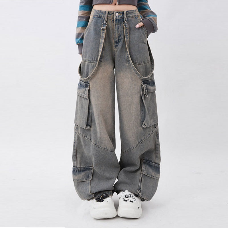 Retro Workwear Distressed Pocket Design Straight Mopping Pants