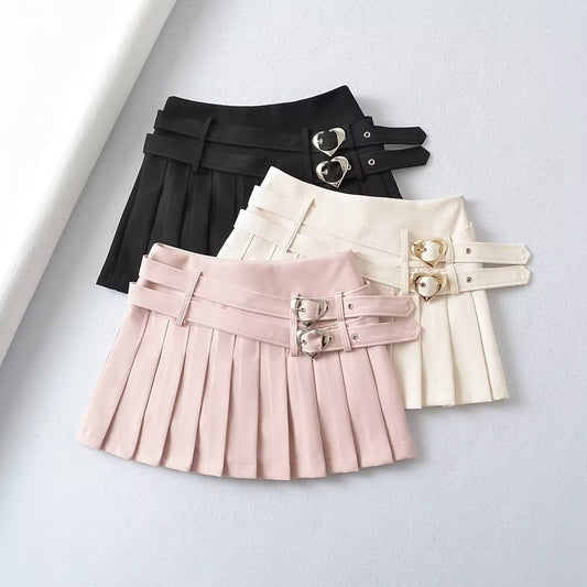 Cute Pleated Silver-Buckled Skirt