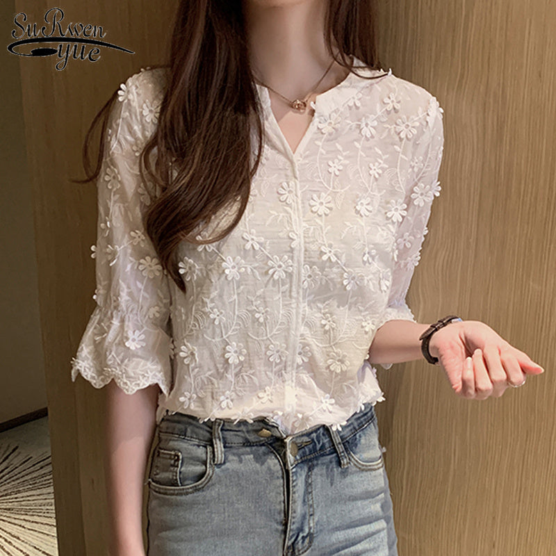 Flared Sleeve Embroidered Blouse