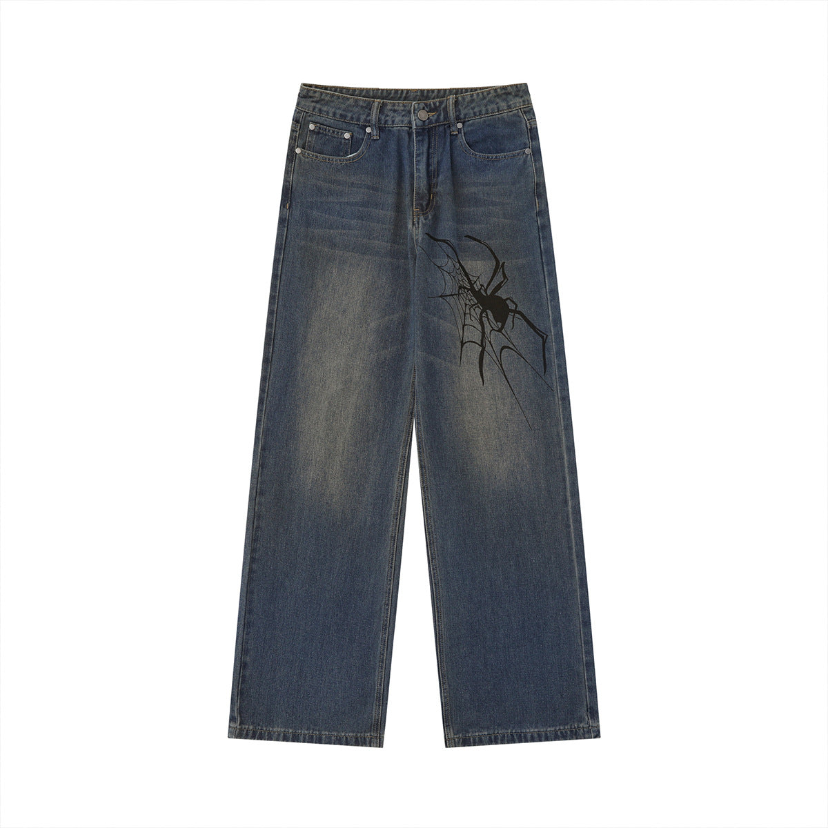 Spider Printed Washed Wide Leg Jeans