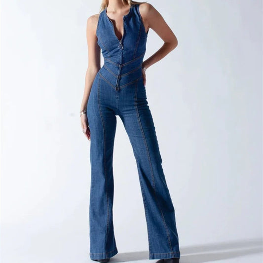 Slim Fit Retro Denim Jumpsuit