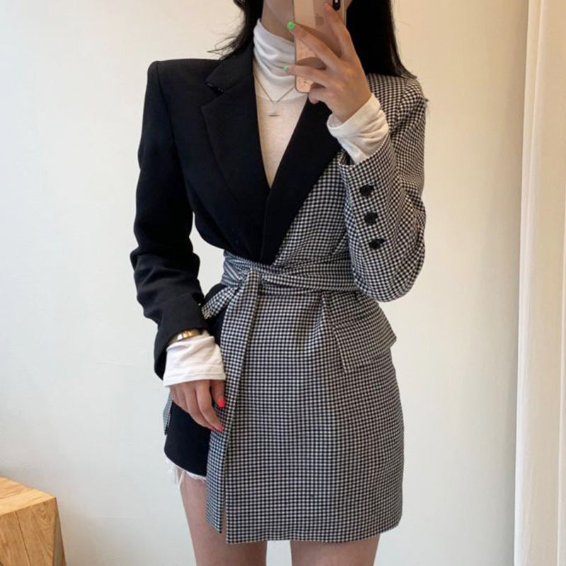 Retro Lapel Lattice Splicing Design Waist Suit