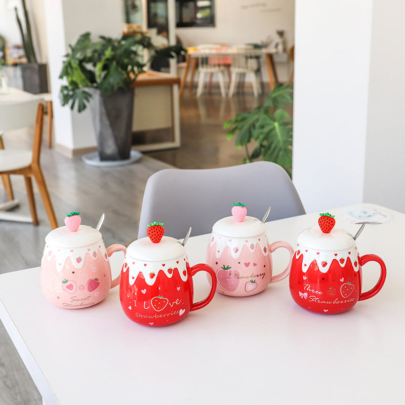 Strawberry Ceramic Coffee Mug With Lid And Spoon Kawaii