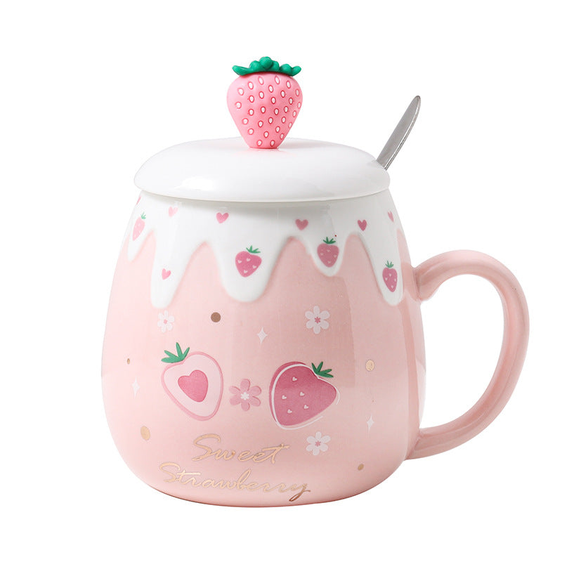 Strawberry Ceramic Coffee Mug With Lid And Spoon Kawaii