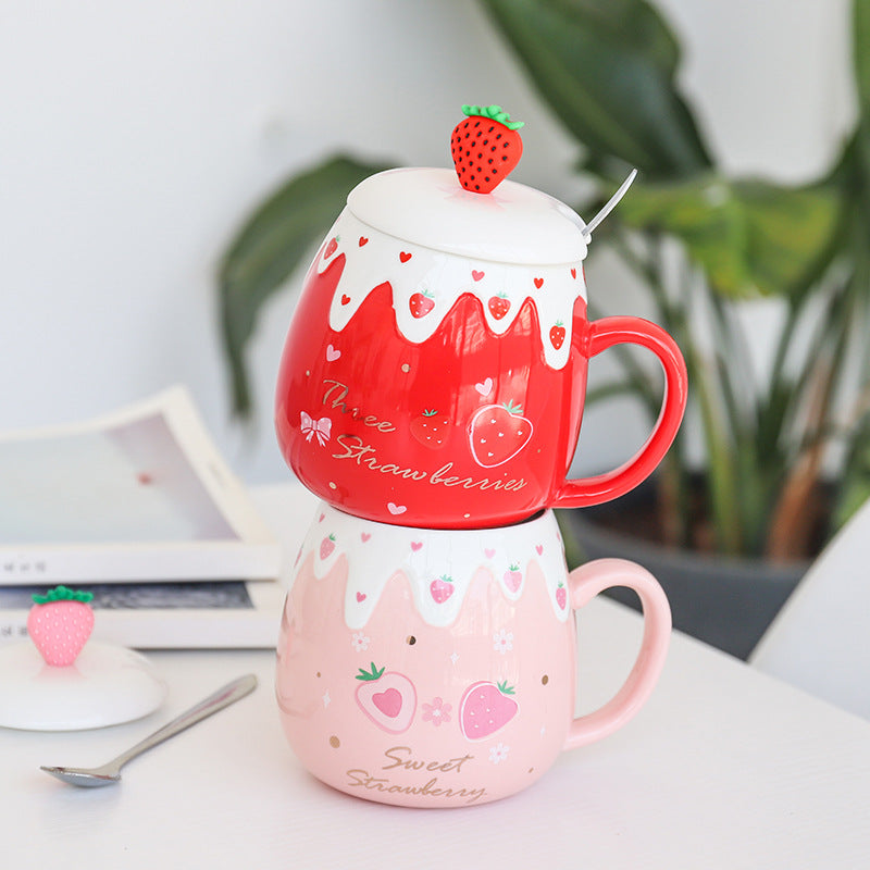 Strawberry Ceramic Coffee Mug With Lid And Spoon Kawaii