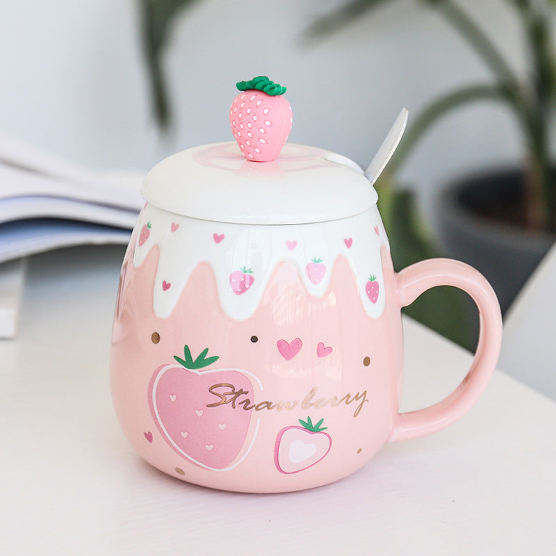 Strawberry Ceramic Coffee Mug With Lid And Spoon Kawaii