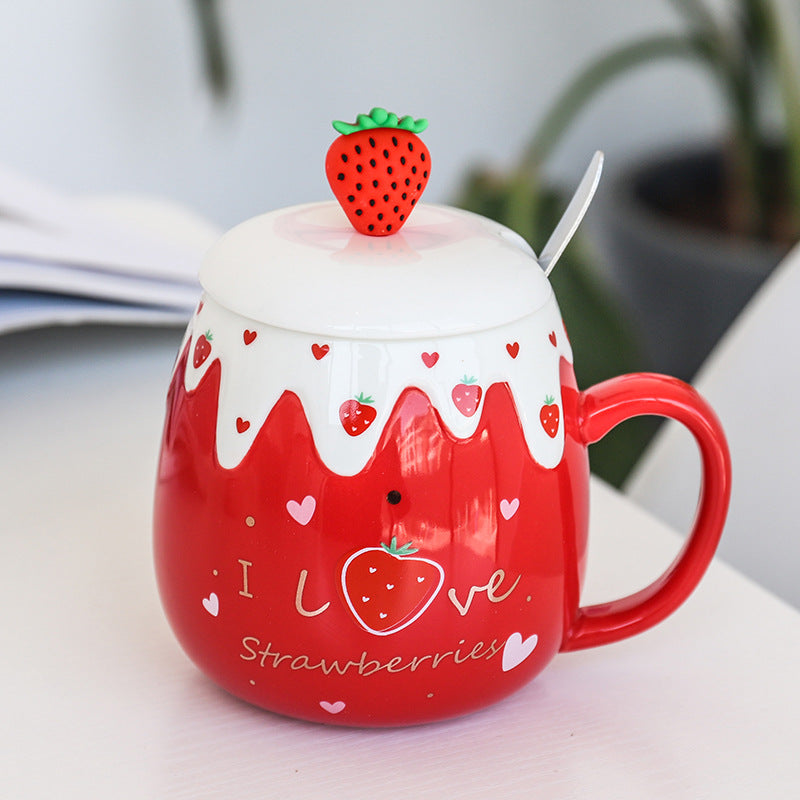 Strawberry Ceramic Coffee Mug With Lid And Spoon Kawaii