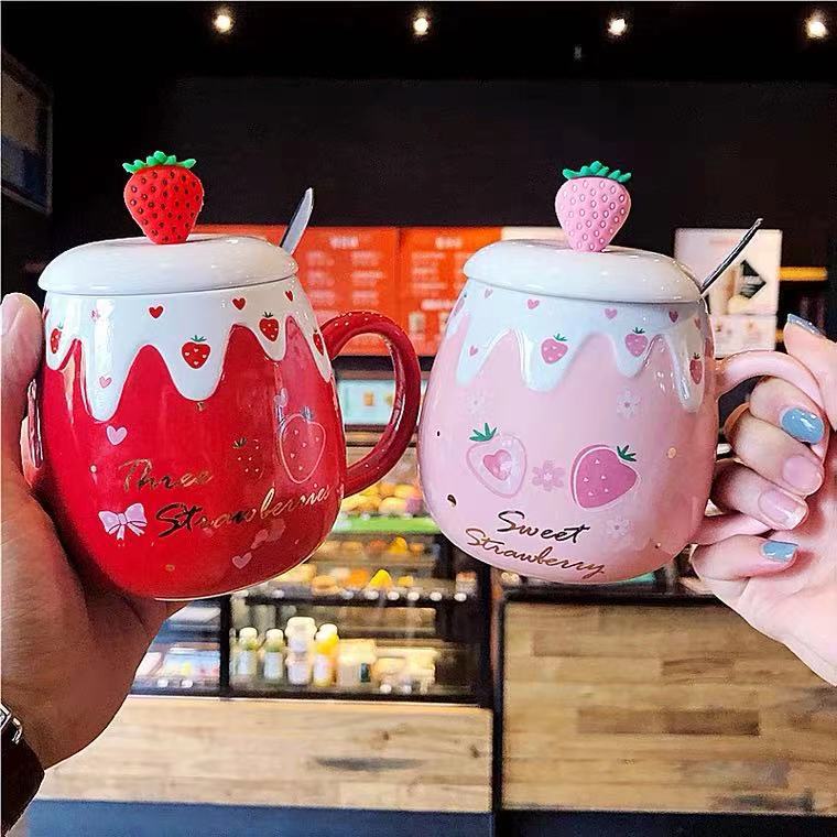 Strawberry Ceramic Coffee Mug With Lid And Spoon Kawaii