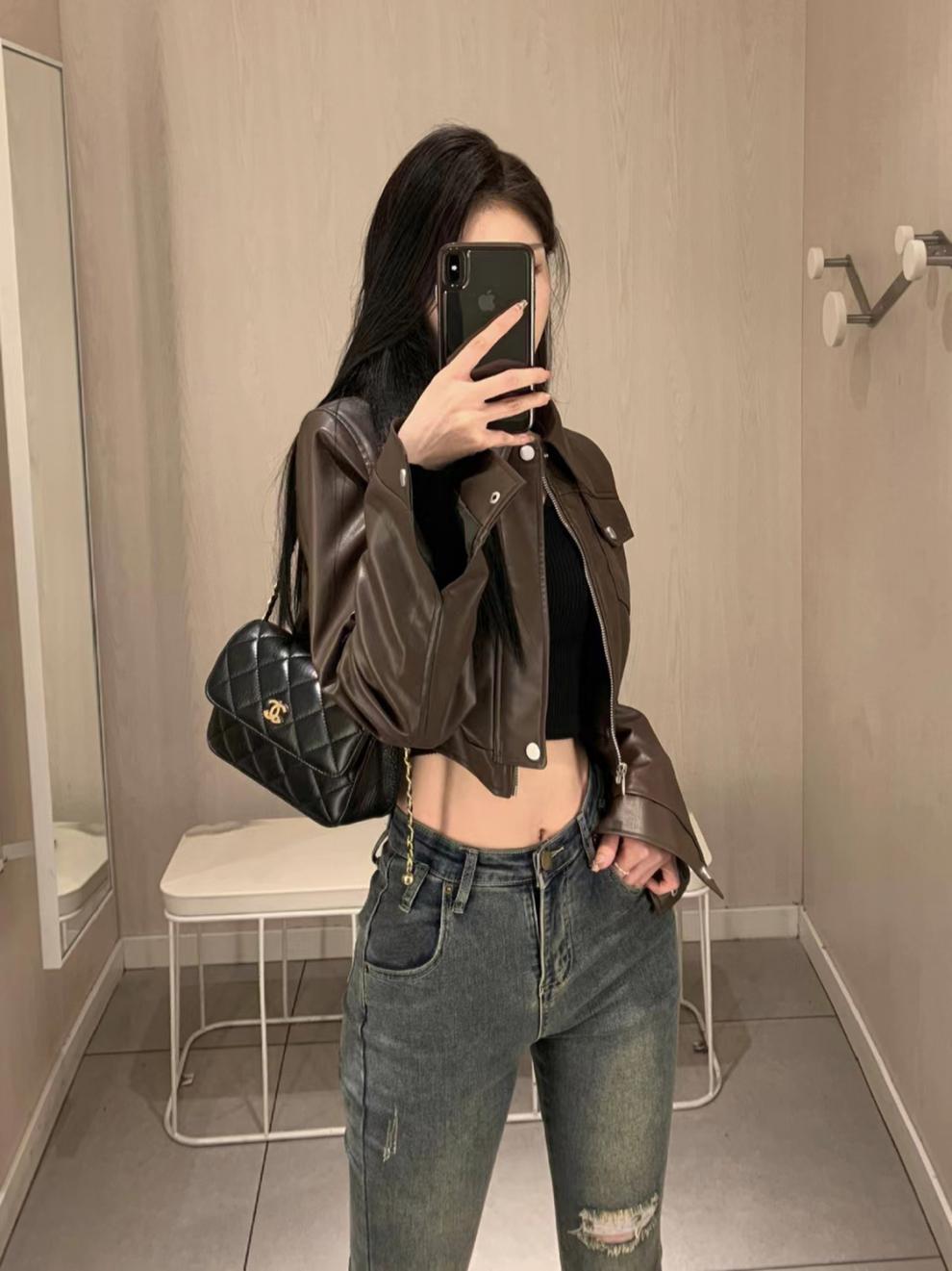 Hot Girl Style Coffee Leather Coat