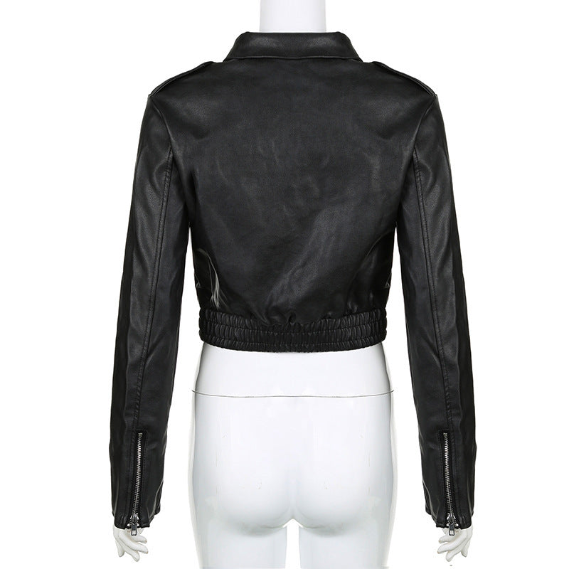 Lapel Long-sleeved Leather Jacket