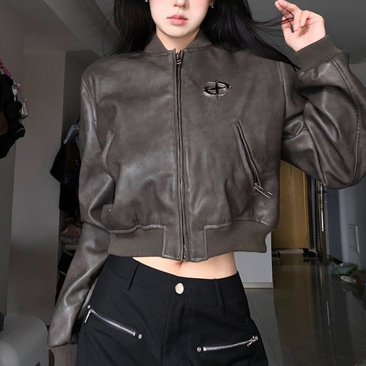 Brown Short Motorcycle Small Leather Coat