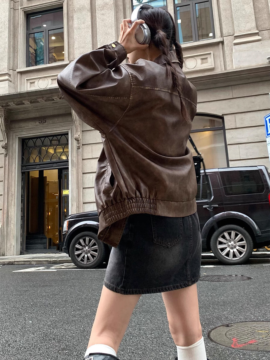 Retro Brushed Vintage Brown Leather Coat