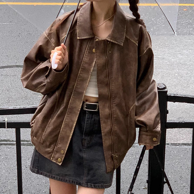 Retro Brushed Vintage Brown Leather Coat