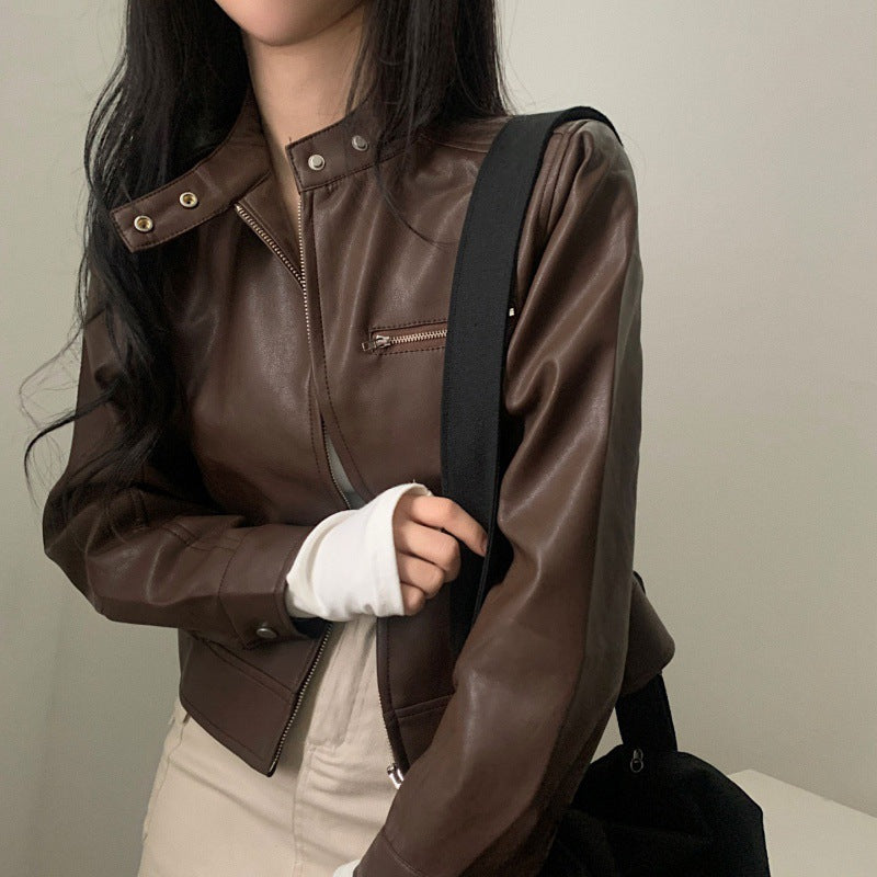 Elegant Zipped Stand Collar Biker's Leather Jacket