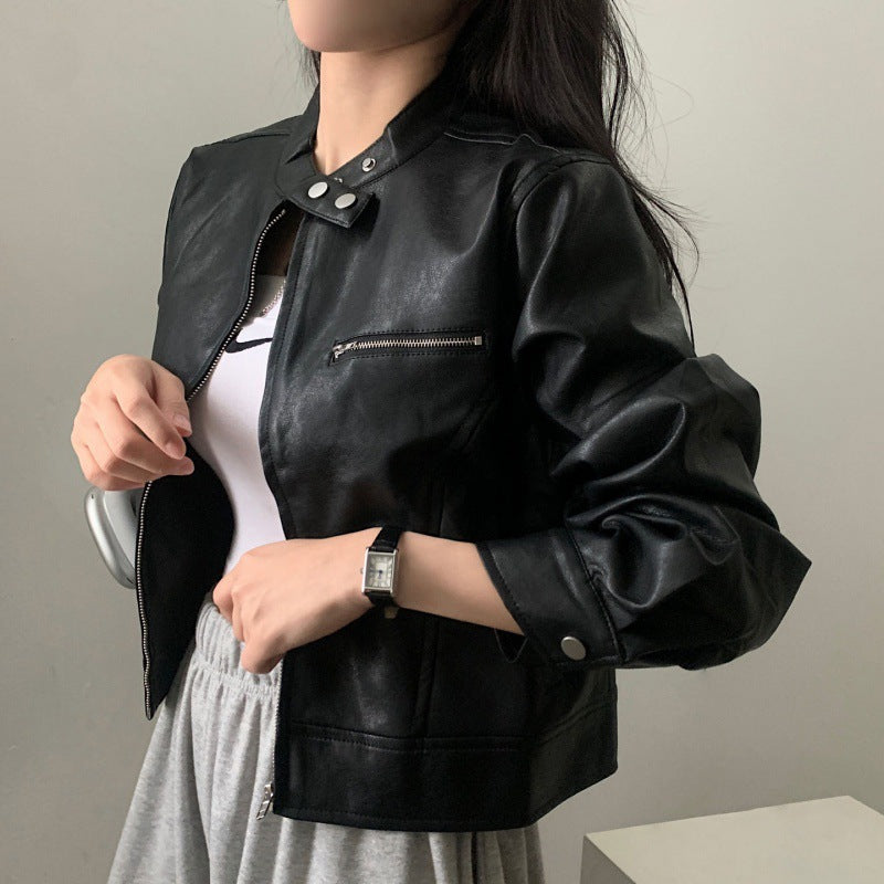 Elegant Zipped Stand Collar Biker's Leather Jacket