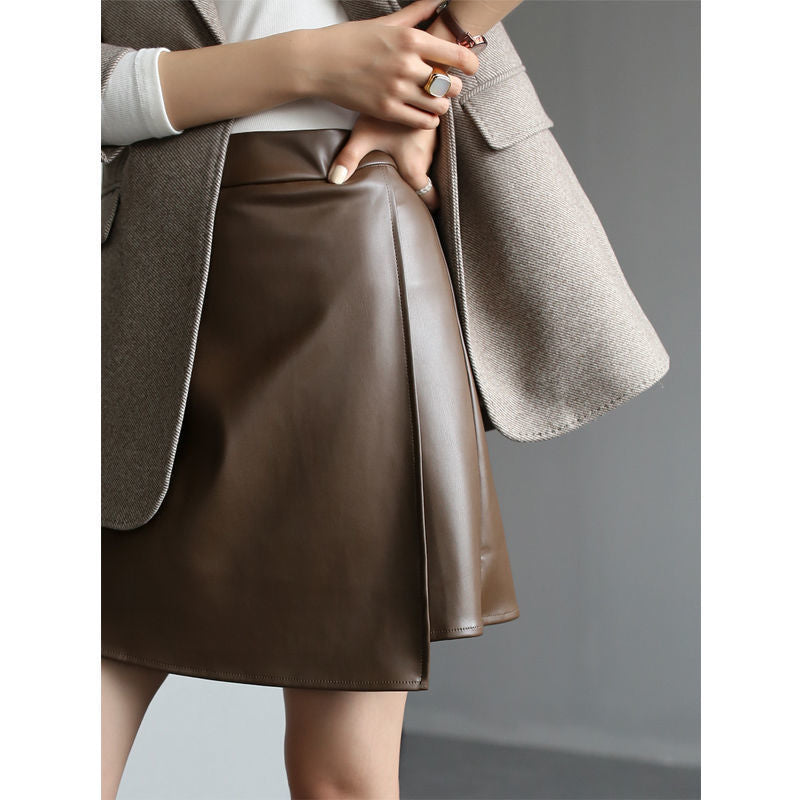 Retro High Waist PU Leather A- Line Small Leather Skirt