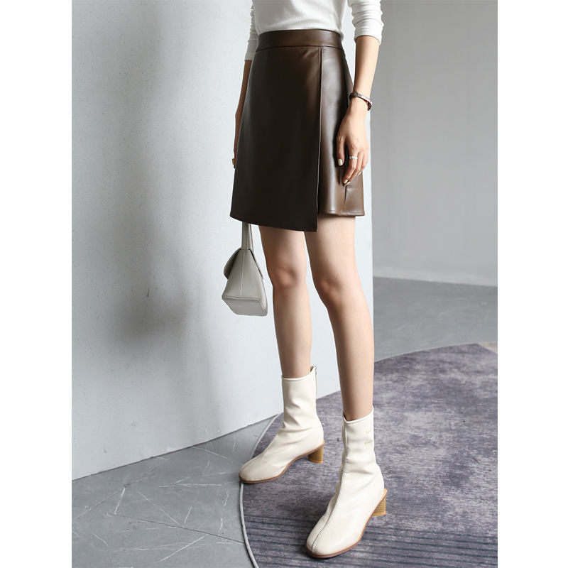 Retro High Waist PU Leather A- Line Small Leather Skirt