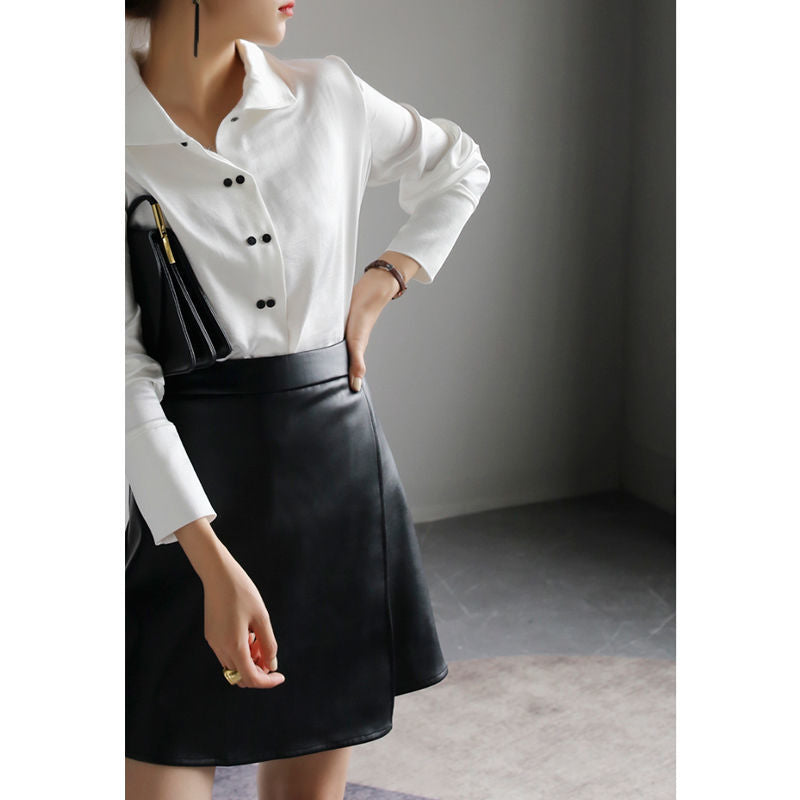 Retro High Waist PU Leather A- Line Small Leather Skirt