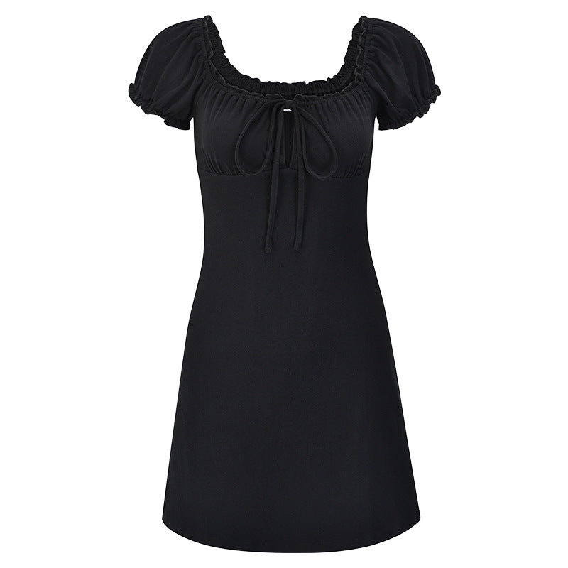 Tied Puff Sleeve Black Dress