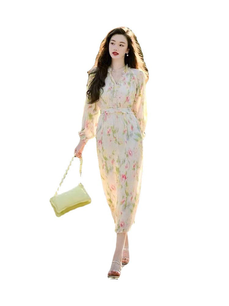 Long Sleeve Chiffon Floral Dress