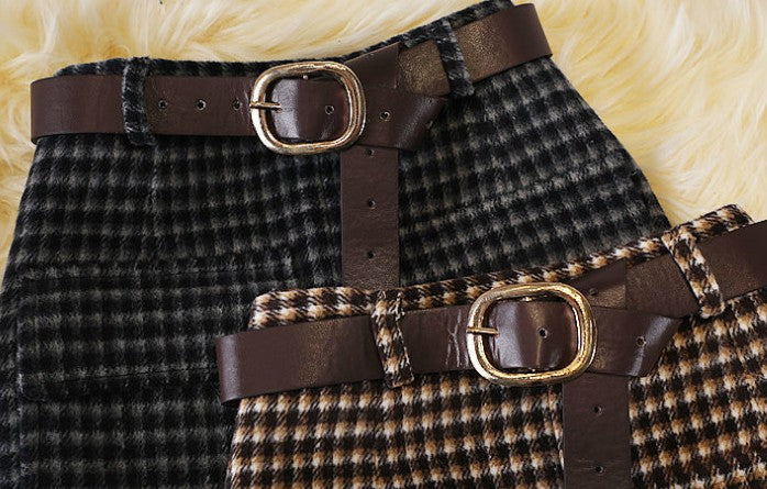 Woolen Plaid Sheath Skirt