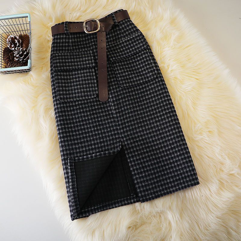 Woolen Plaid Sheath Skirt