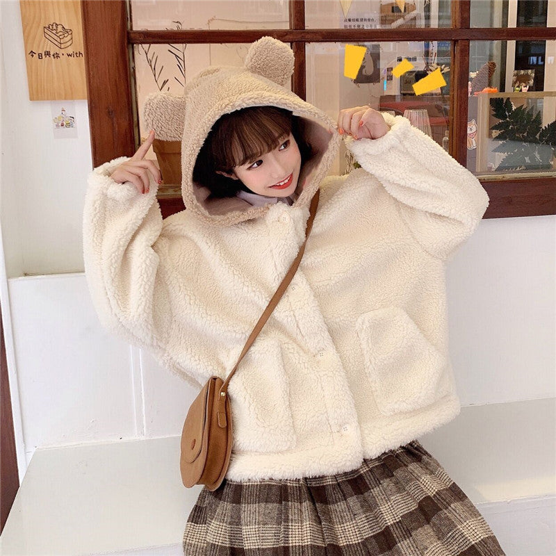 Cute Bear Ear Coat For Lamb Wool Winter Cardigan Top