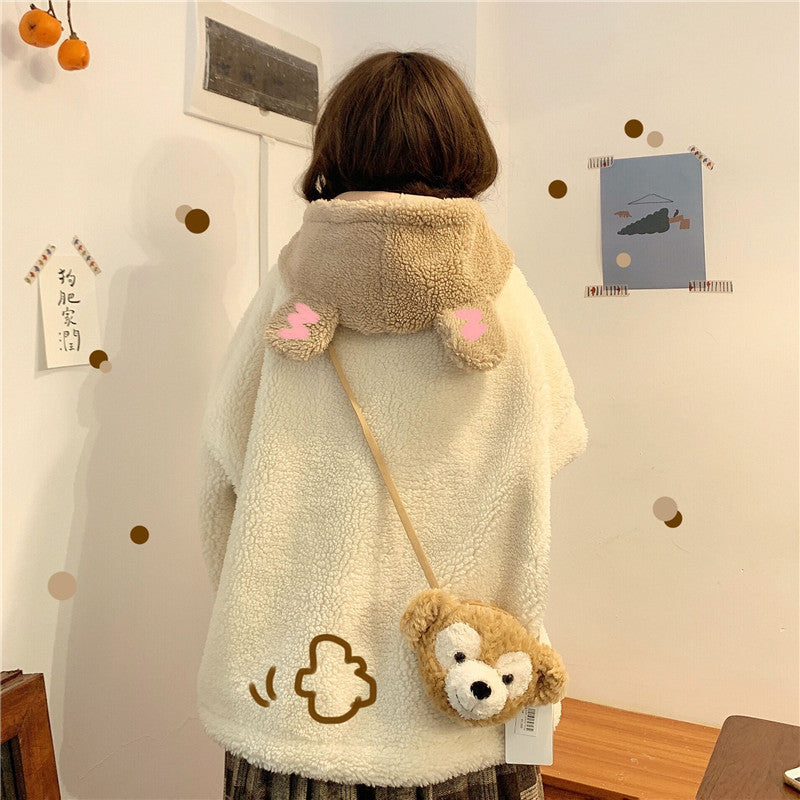 Cute Bear Ear Coat For Lamb Wool Winter Cardigan Top