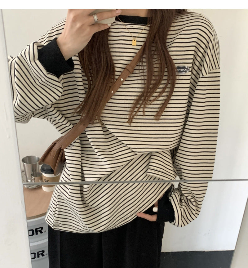 Thin Striped Long-sleeved Sweater Loose Round Neck Pullover