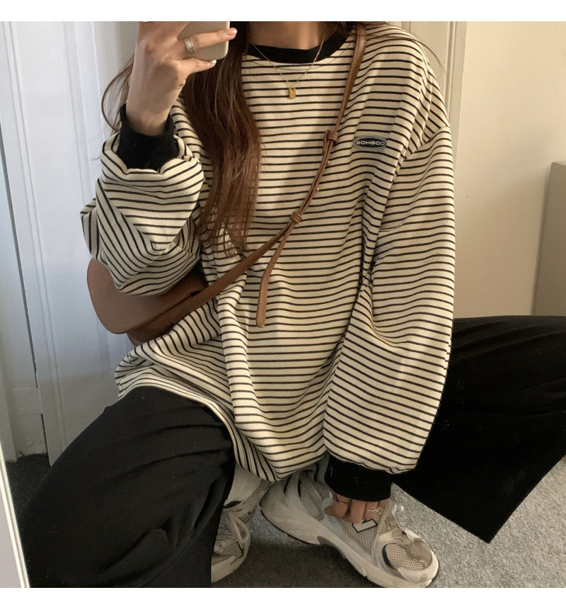 Thin Striped Long-sleeved Sweater Loose Round Neck Pullover