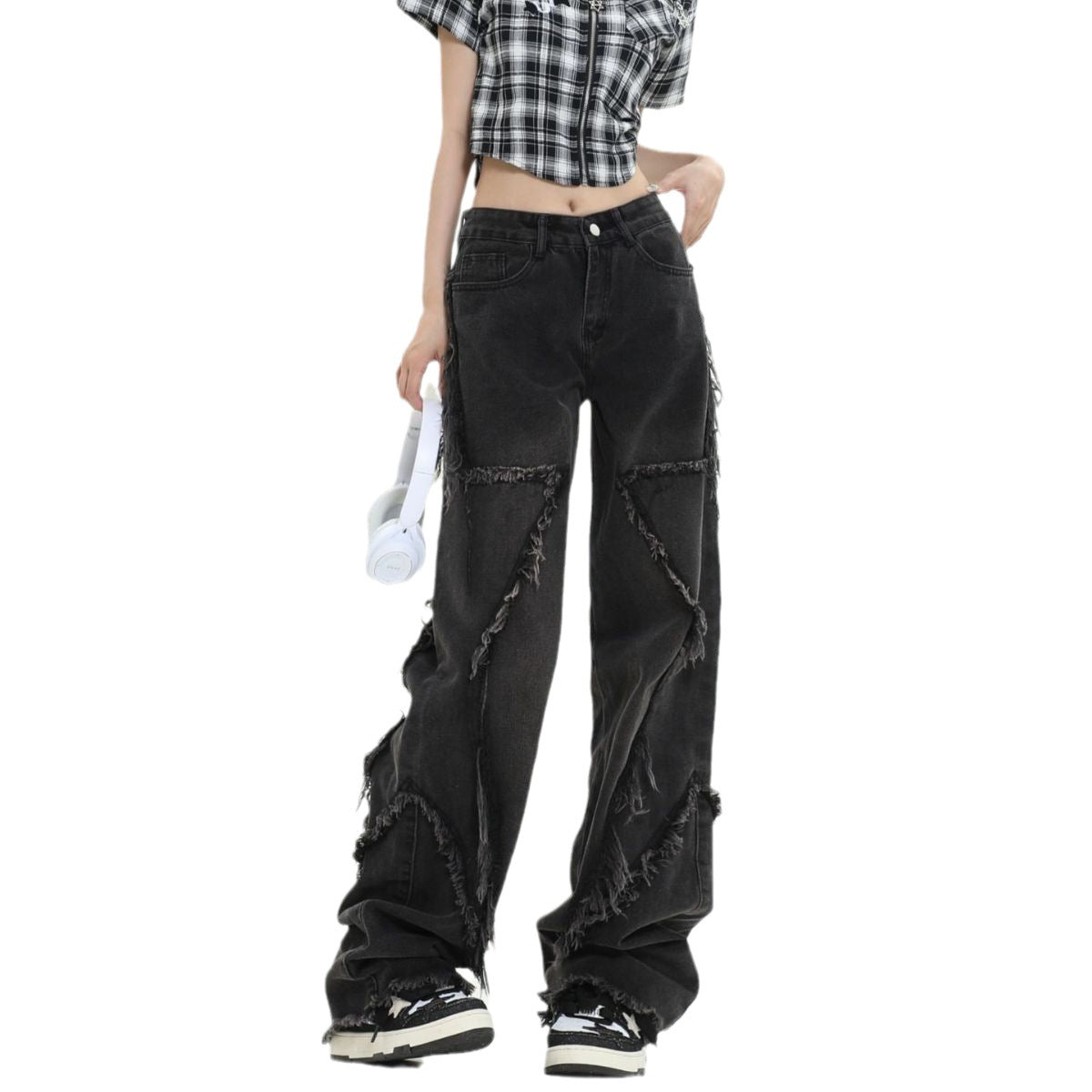 Retro Wide Leg Frayed Five-pointed Star Jeans Simple