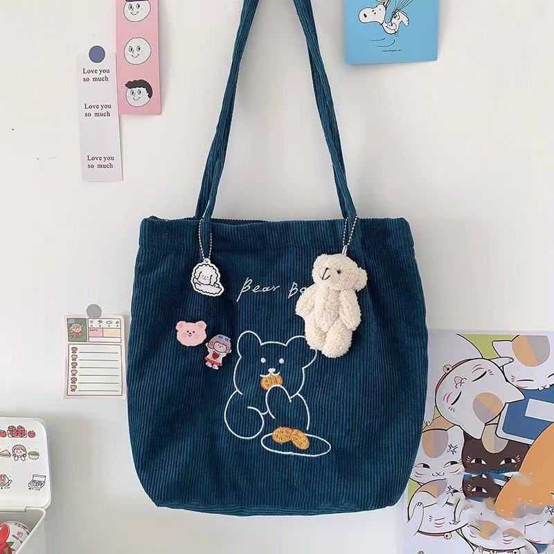 Cute Bear Canvas Bag Corduroy Tote Bag