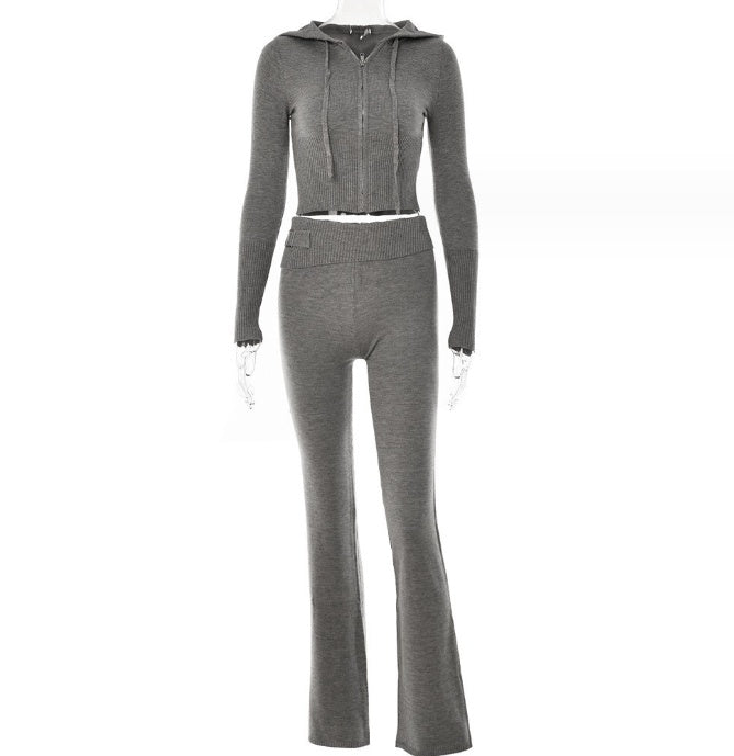 Hoodie Long Sleeve Sweater And High Waist Long Pants Set