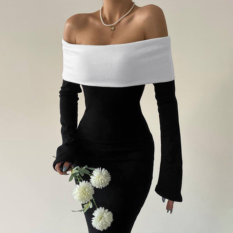 Off-the-shoulder Long Sleeve Colour Bloc Dress