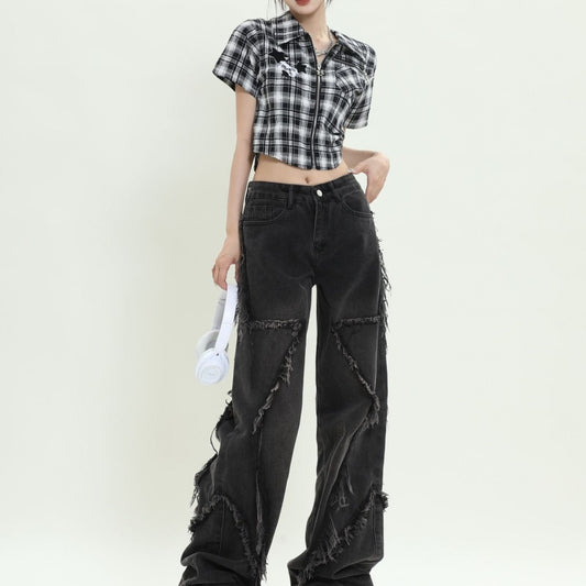 Retro Wide Leg Frayed Five-pointed Star Jeans Simple