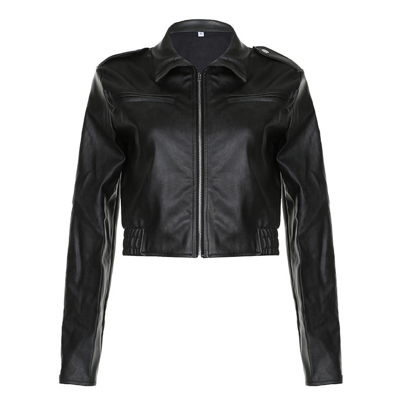 Lapel Long-sleeved Leather Jacket