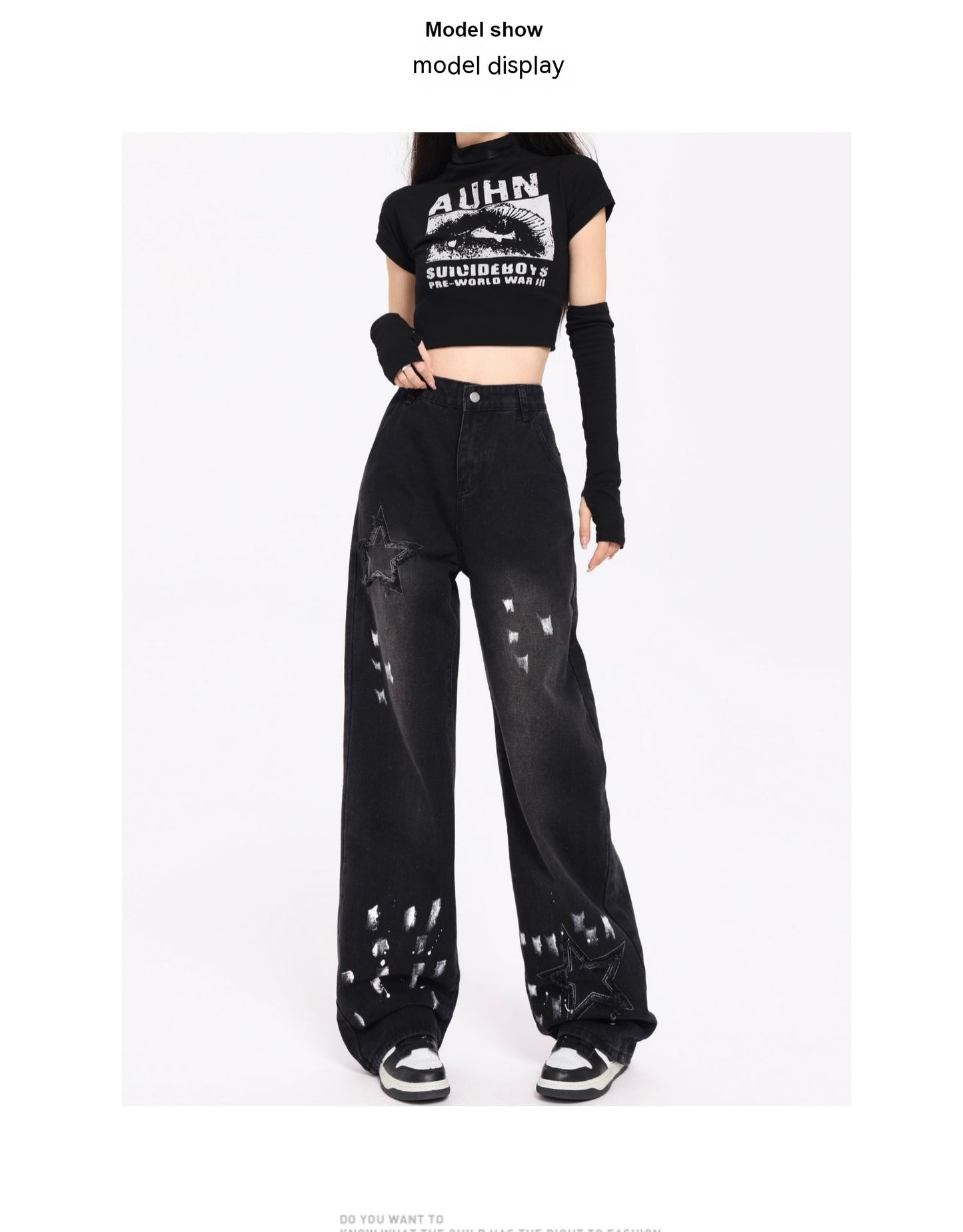 Korean Style Retro XINGX Embroidered Jeans Autumn And Winter New High Waist Splash-ink Wide Leg Straight Mop Pants