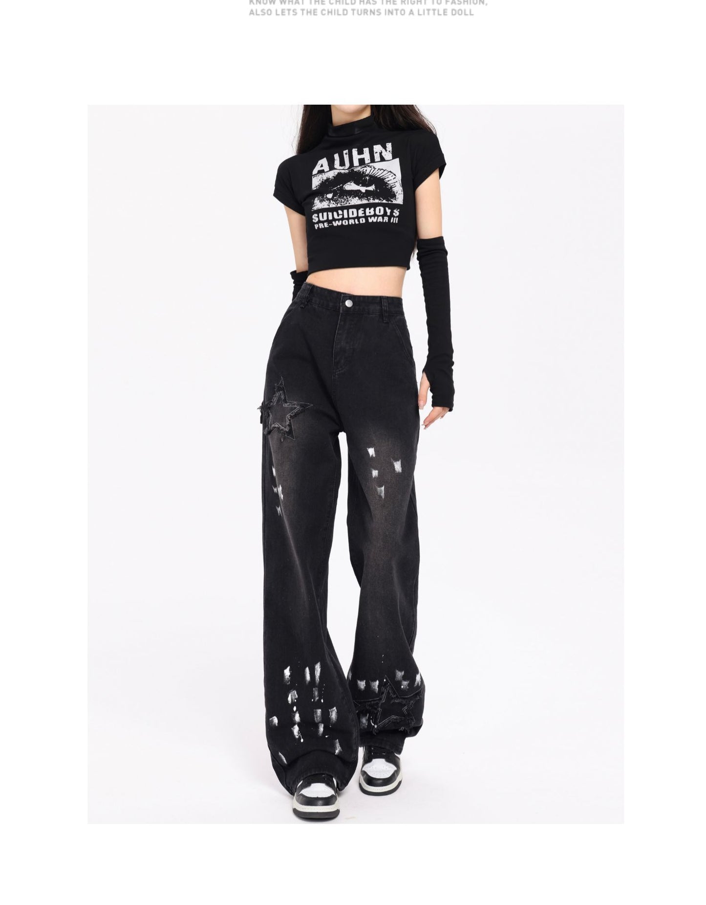 Korean Style Retro XINGX Embroidered Jeans Autumn And Winter New High Waist Splash-ink Wide Leg Straight Mop Pants