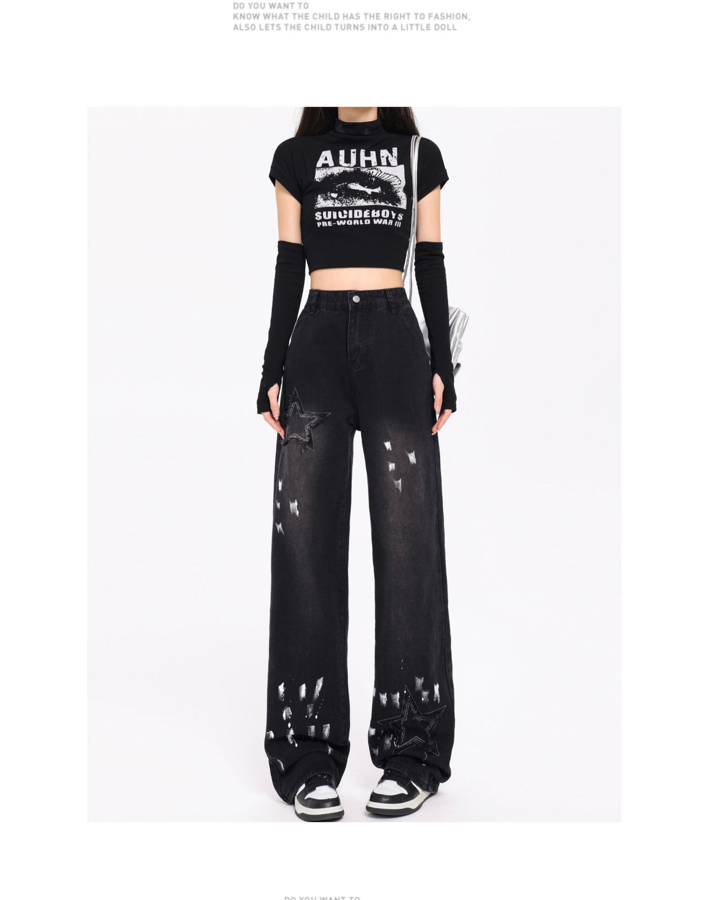 Korean Style Retro XINGX Embroidered Jeans Autumn And Winter New High Waist Splash-ink Wide Leg Straight Mop Pants