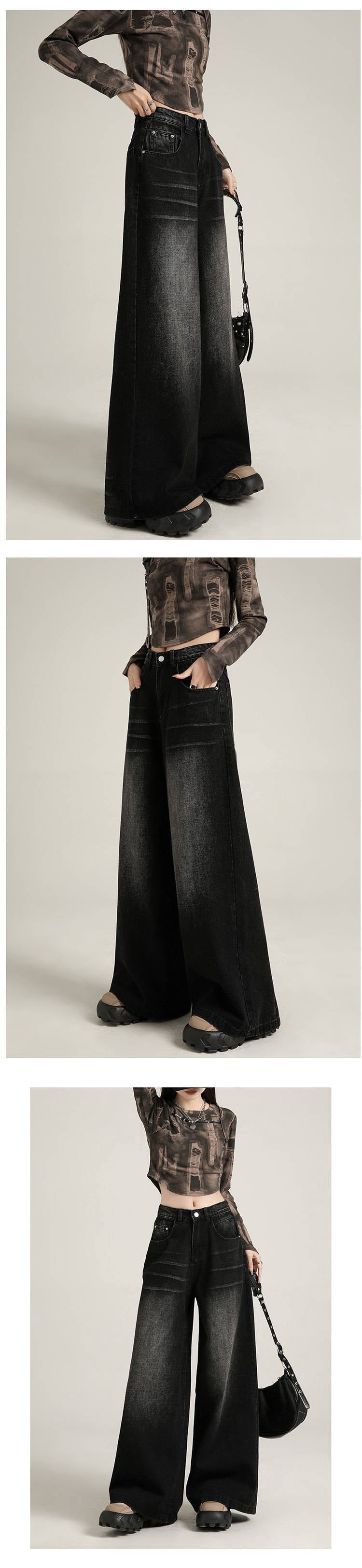 Retro Washed Craft Black Gray Wide Leg Jeans