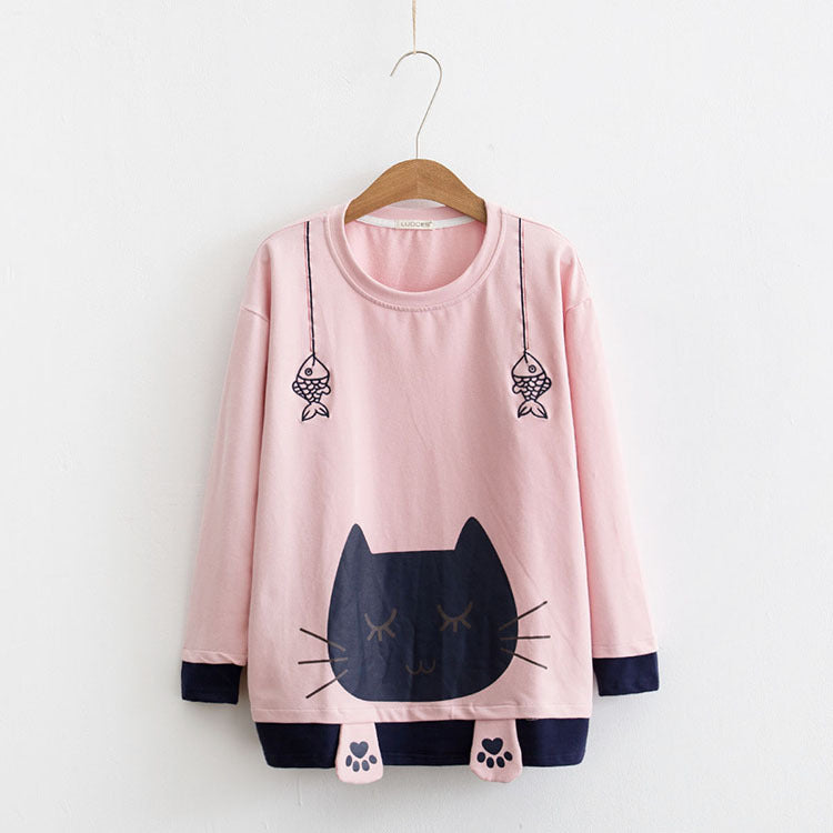 Cute Cat Fishing Long Sleeve Student T-shirt