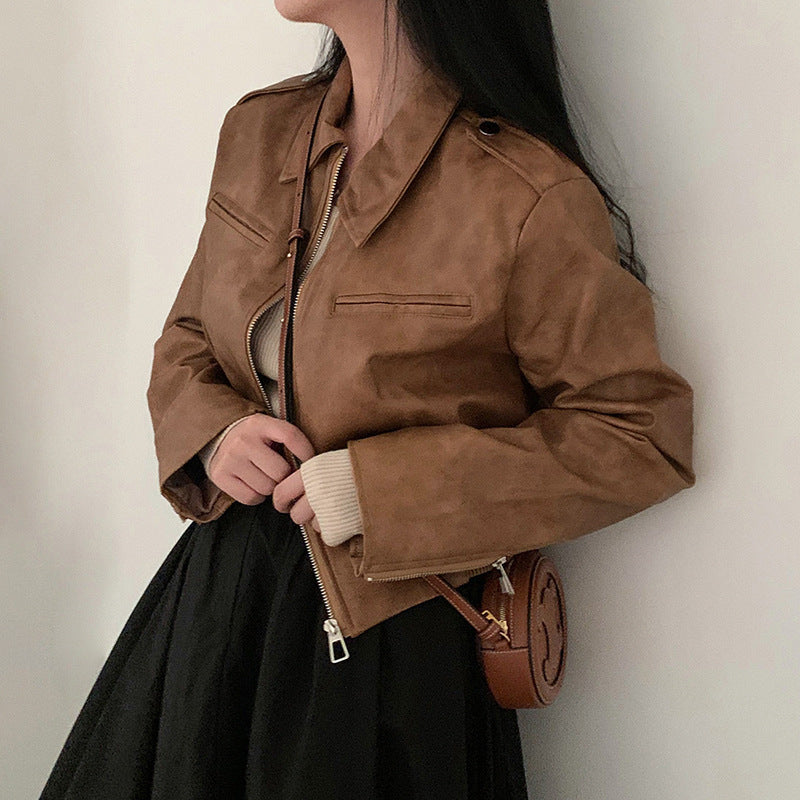 Lapel Long-sleeved Leather Jacket