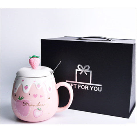 Strawberry Ceramic Coffee Mug With Lid And Spoon Kawaii