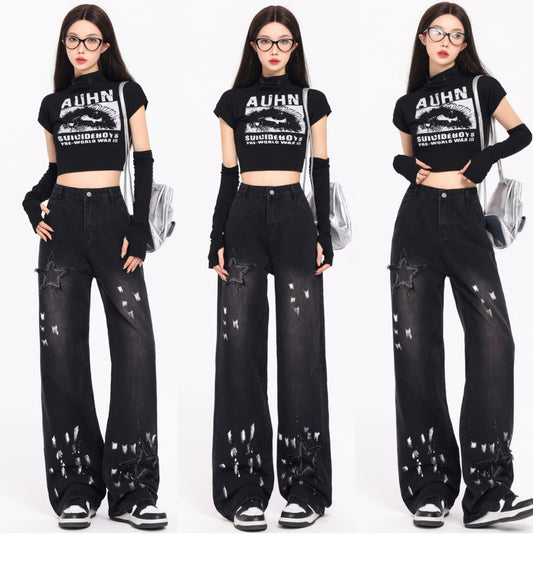 Korean Style Retro XINGX Embroidered Jeans Autumn And Winter New High Waist Splash-ink Wide Leg Straight Mop Pants